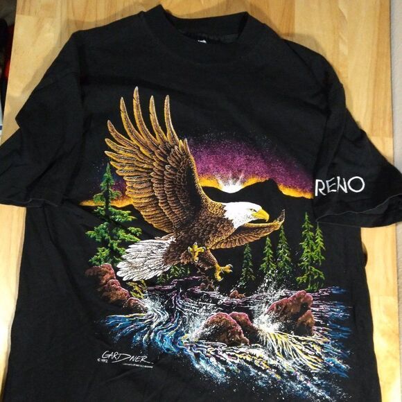 Vintage Stand Out Bald Eagle Sunset Landscape Reno T-Shirt - Picture 1 of 9